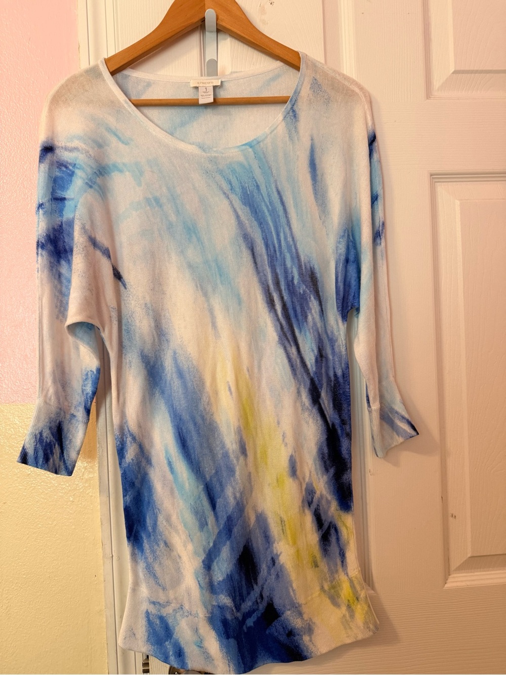 Chicos Darla Dolman Sweater Monterey Bay Abstract Watercolor Blue  Size 1,Medium